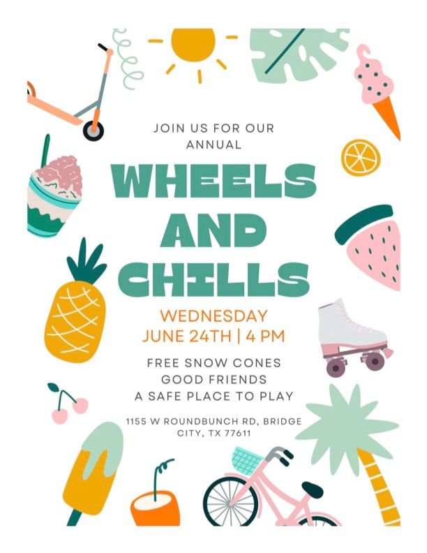 Wheels and Chills event flyer — Wednesday June 24 at 4 PM at St Paul Methodist Church, 1155 W Roundbunch Rd, Bridge City